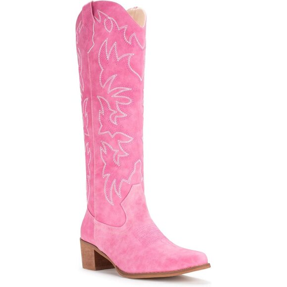 Women Faux Leather Pink Side Zipper Chunky Heel Knee High Western Cowgirl Boots - Picture 2 of 8